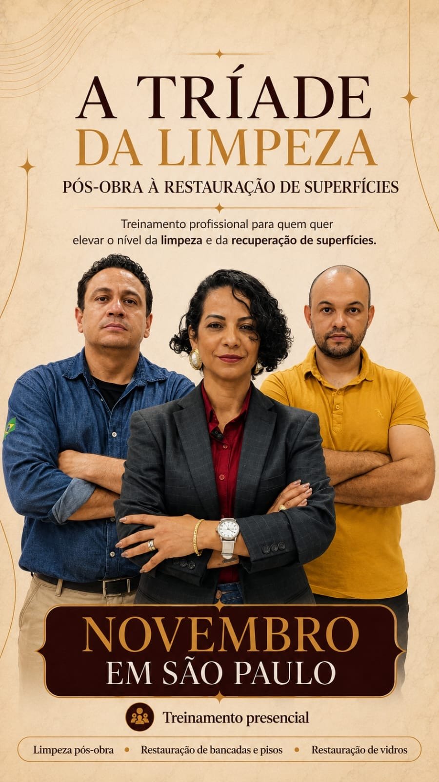 Alé Paixão, Danilo Lima e Roney — instrutores da Tríade da Limpeza